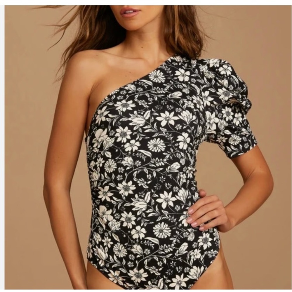 Free People Black White Floral One Shoulder Puff Sleeve Bodysuit Women's‎